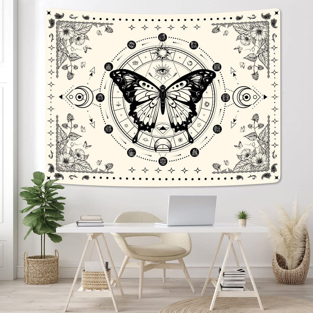 Olivenorma Black Butterfly Moon Flower Beige Tapestry - image 2