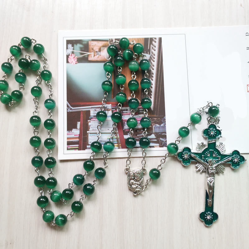 Olivenorma Green Cat's Eye Stone Cross Rosary Necklace - image 5