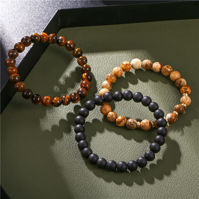Olivenorma 3Pcs Picture Jasper Tiger Eye Black Onyx Beaded Bracelets - image 9