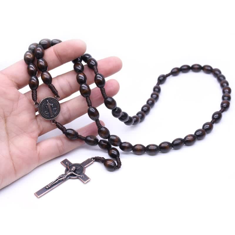 Olivenorma Knitted Vintage Cross Wood Rosary Necklace - image 1