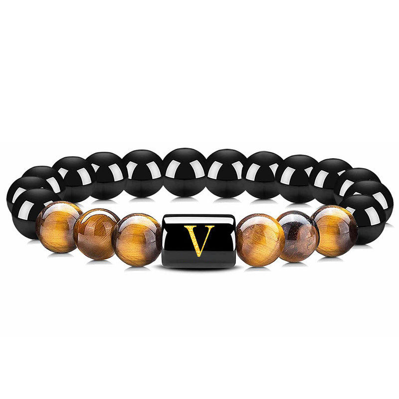 Tiger Eye With Obsidian Letter Bracelet - Tiger Eye & Obsidian - V - image 24