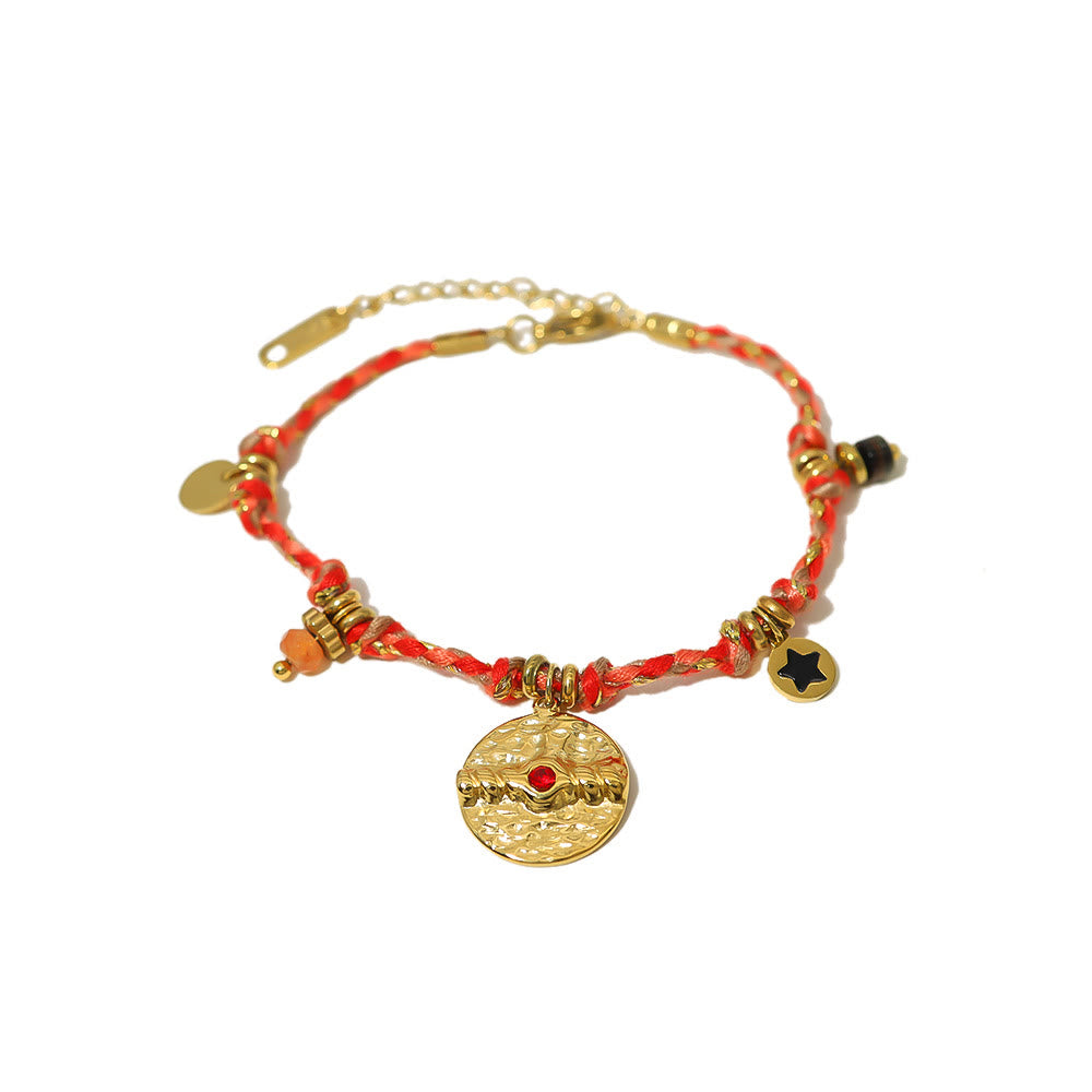 Olivenorma Bohemian 18k Stainless Steel Vintage Braided Bracelet - Sun Stone&Red Braided Rope - image 7