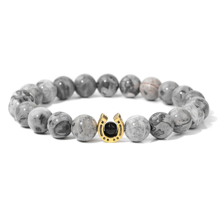 Olivenorma 8mm Natural Stone Beaded Horse Shoe Pendant Bracelet - Grey Jasper - image 3