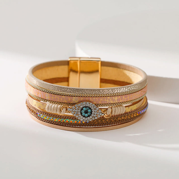 Olivenorma Zircon Evil Eye Faux Leopard Leather Pattern Bracelet - Khaki&Evil Eye - image 0