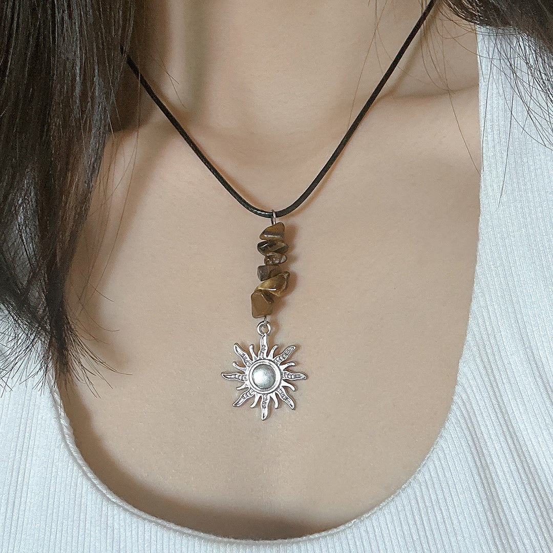 Olivenorma Natural Stone Butterfly Tassel Leather Wax Thread Necklace - Tiger Eye & Sun - image 17