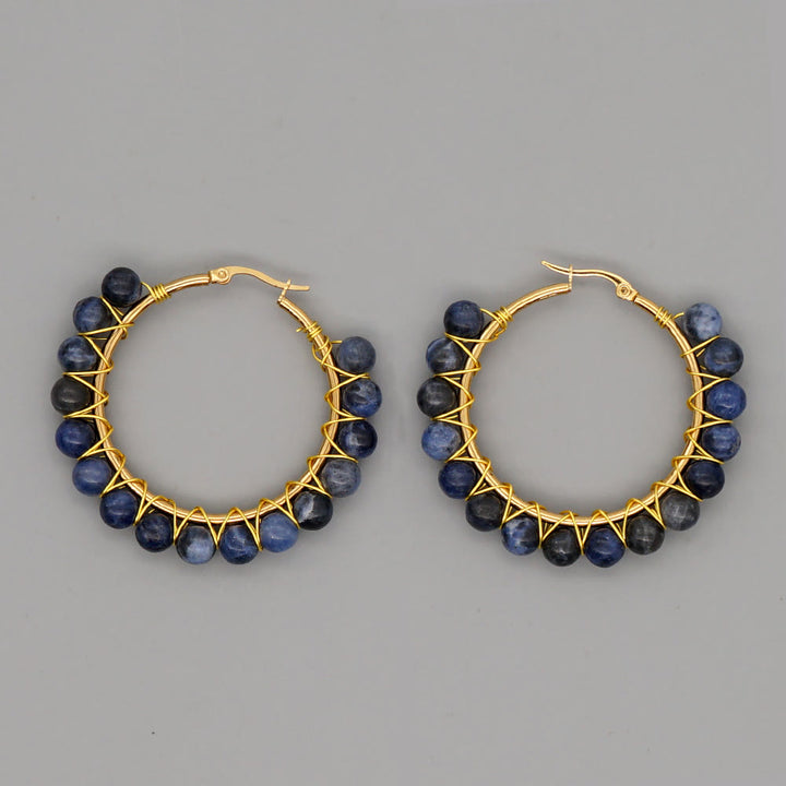 Olivenorma Boho Natural Crystal Beads Large Hoop Earrings - Sodalite - image 26