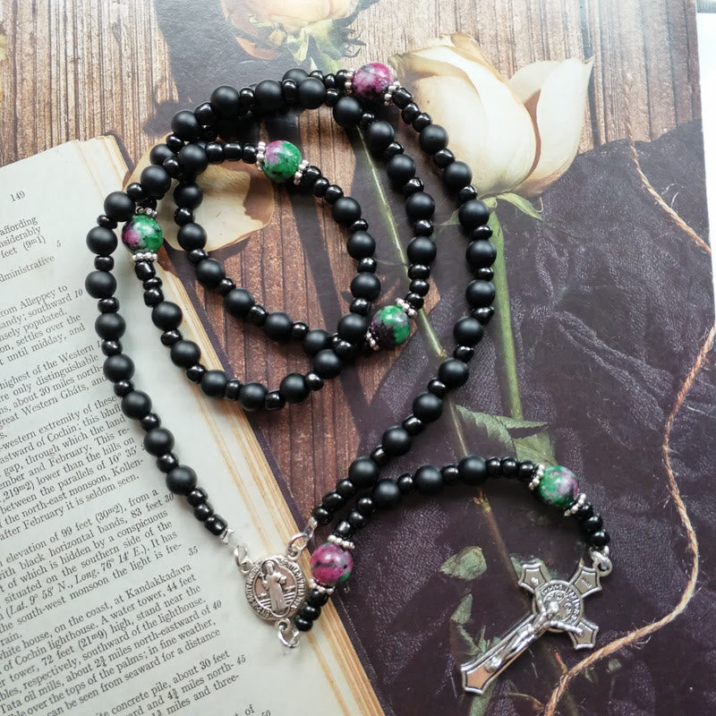 Olivenorma Black Onyx Ruby Zoisite Cross Rosary Necklace - image 2