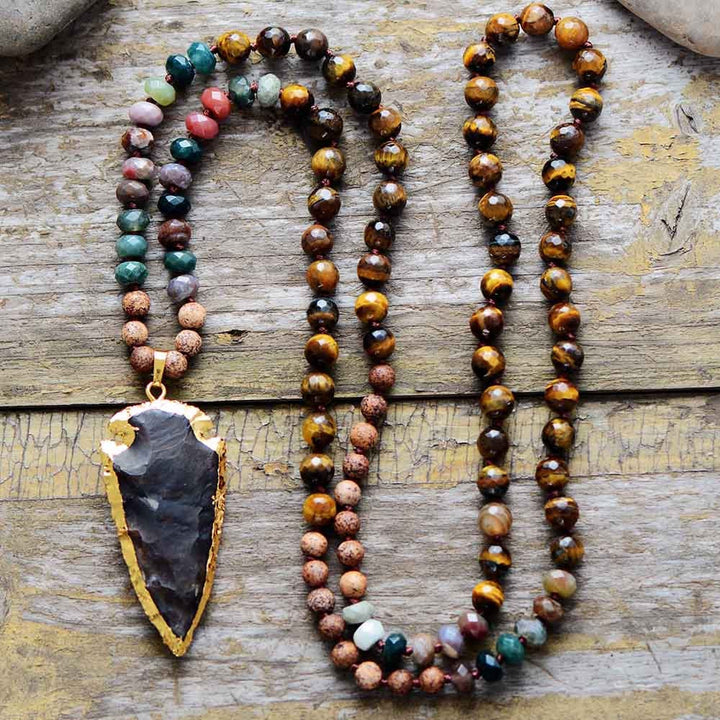 Olivenorma Tiger Eye Obsidian Stone Arrowhead Pendant Mala Necklace - Necklace - image 0