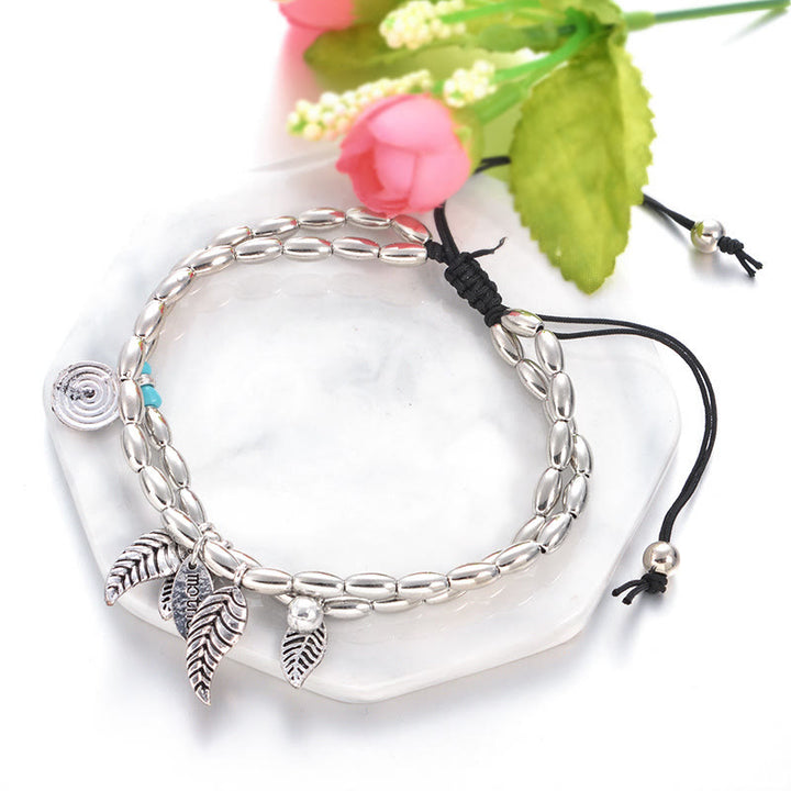 Olivenorma Turquoise Silver Color Leaf Double Layer Bracelet Anklet - image 6