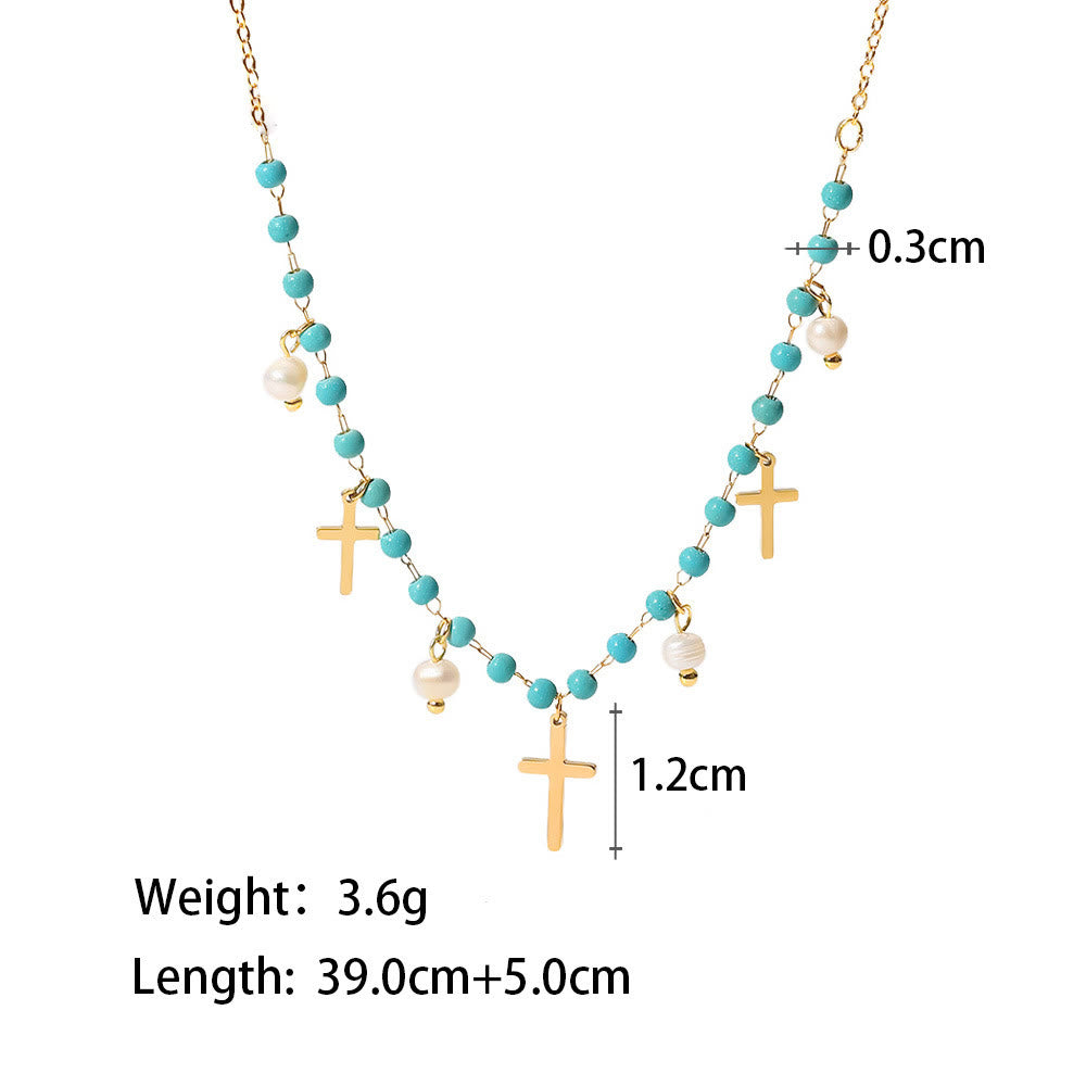Olivenorma Turquoise Pearl Cross Pendant Tassel Necklace - image 5