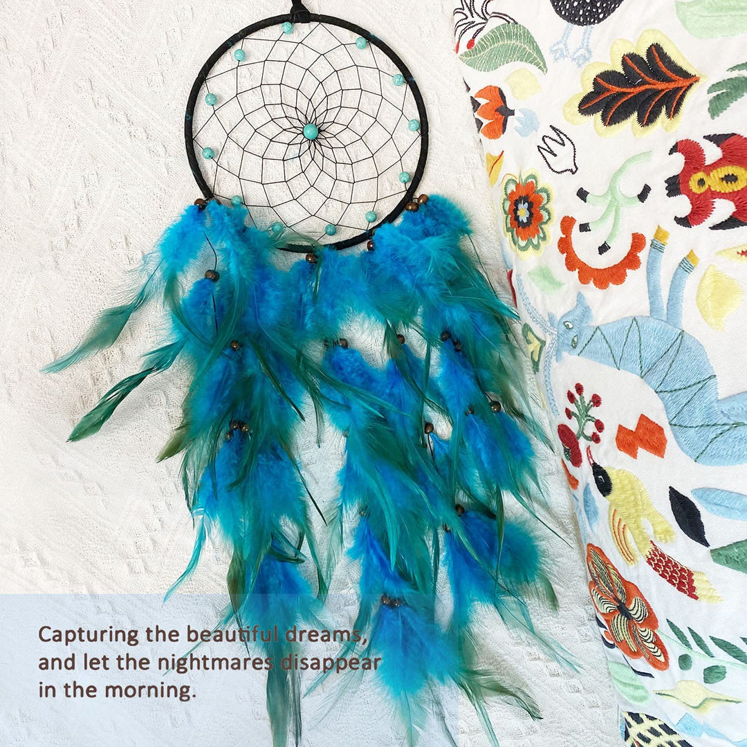 Olivenorma Turquoise Beaded Braided Floral Blue Feather Dream Catcher - image 4