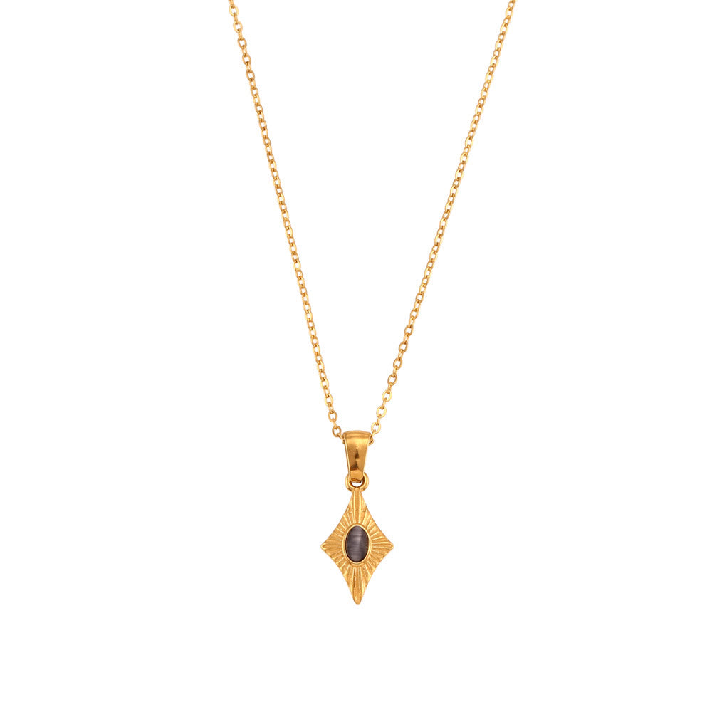 Olivenorma Cat's Eye Pendant Sweater Stainless Steel Necklace - Black Cat's Eye Stone&Golden - image 1