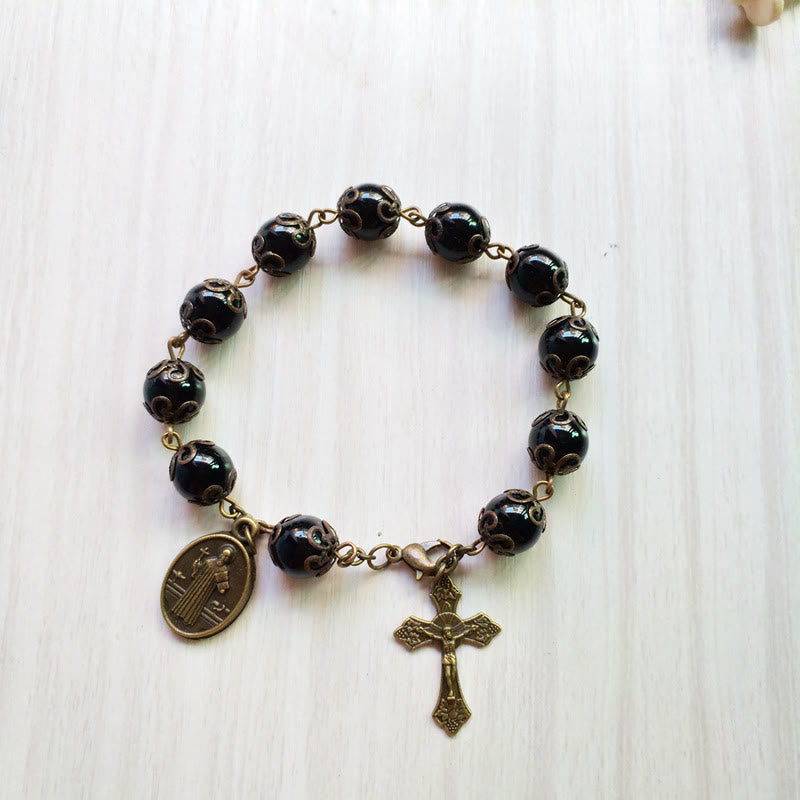 Olivenorma Obsidian Holy Medal Cross Pendant Rosary Bracelet - image 3