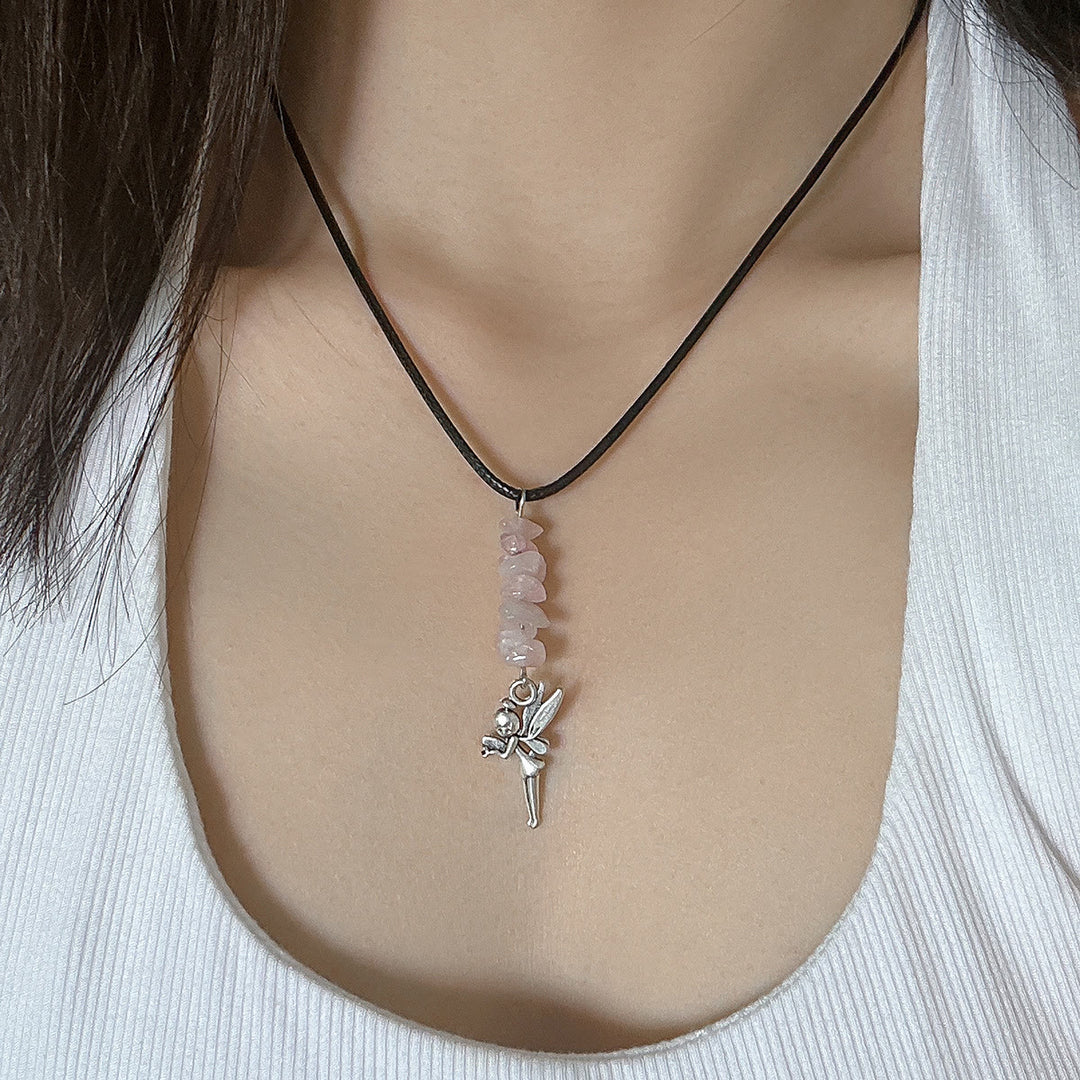 Olivenorma Natural Stone Butterfly Tassel Leather Wax Thread Necklace - Rose Quartz & Fairy - image 20