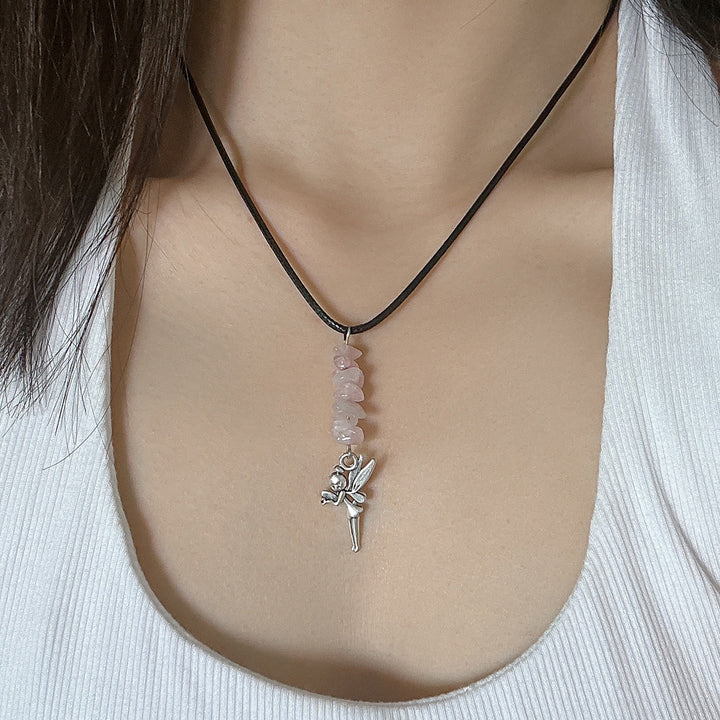 Olivenorma Natural Stone Butterfly Tassel Leather Wax Thread Necklace - Rose Quartz & Fairy - image 20