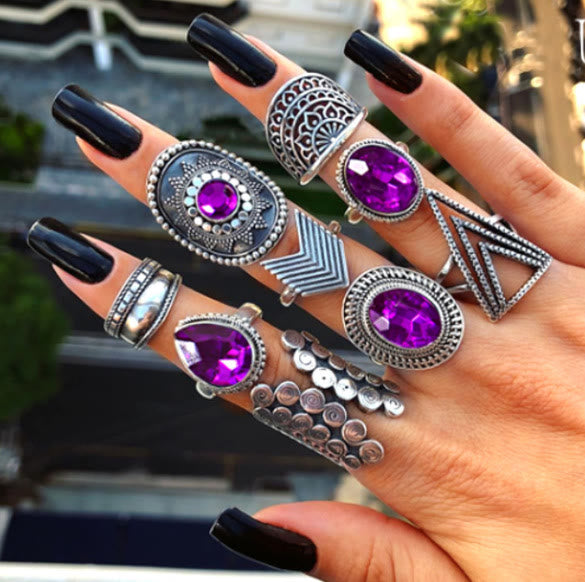 Olivenorma Vintage Purple Zircon Hollow 9 Piece Ring Set - Purple Zircon - image 0