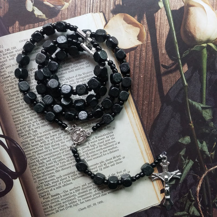 Olivenorma Black Square Wooden Cross Rosary Necklace - Black Square Wooden&Cross - image 0