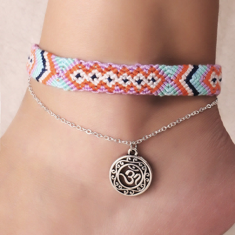 Olivenorma Handwoven Cotton Rope OM Pendant Bracelet Anklet - Purple - OM Symbol - image 0