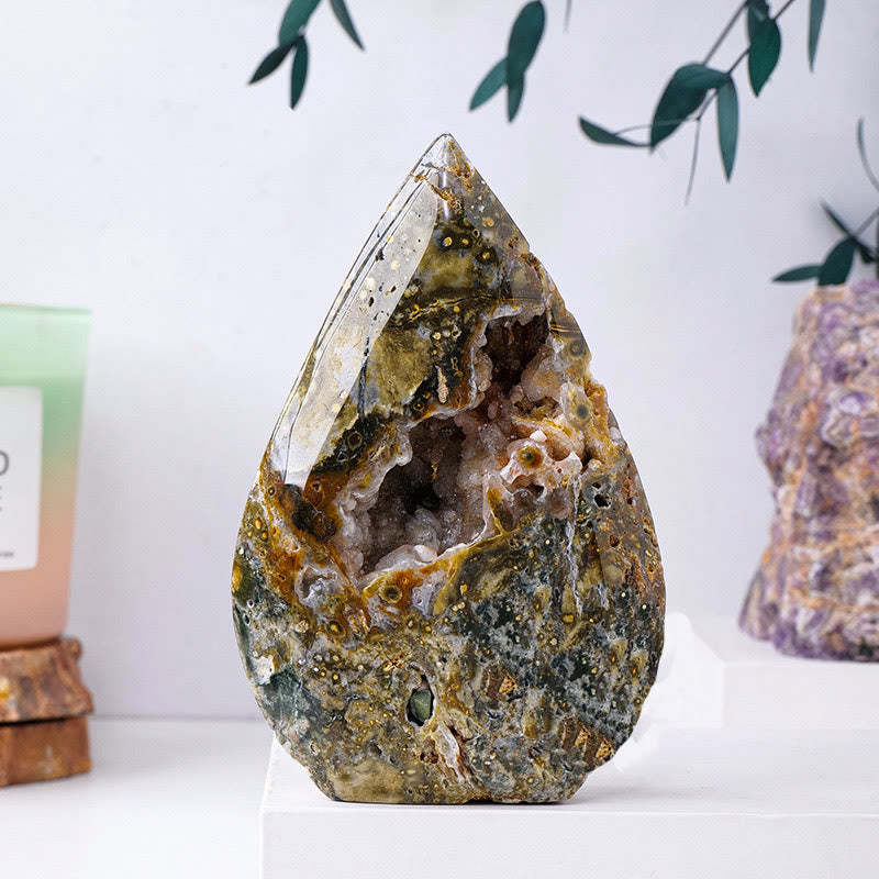 Olivenorma Natural Crystal Flame Shaped Ornaments Gemstone Decoration - Ocean Agate - Approx 300-400g - image 5