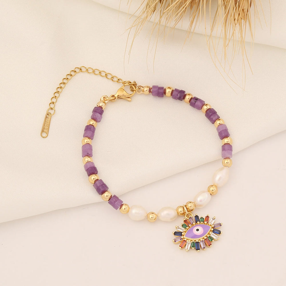 Olivenorma Natural Crystal Pearl Evil Eye Pendant Bracelet - Pearl&Amethyst - image 1