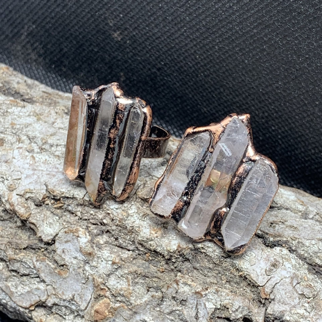 Olivenorma Natural Clear Quartz Irregular Triple Combination Adjustable Ring - image 2