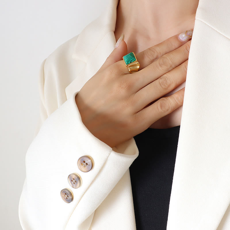 Olivenorma Square Malachite Tiger Eye Gold Titanium Steel Ring - Malachite - Golden - 8 - image 2