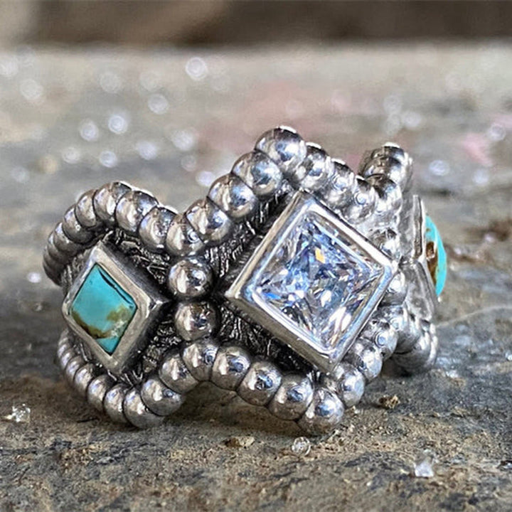 Olivenorma Vintage Turquoise Inlaid With Zircon Ring - image 3