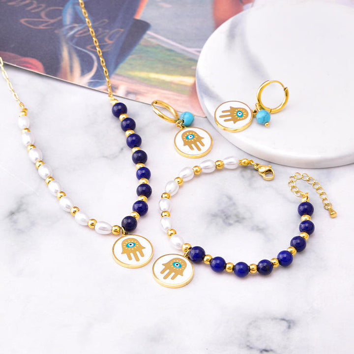 Olivenorma Pearl Lapis Lazuli Turquoise Necklace Bracelet Earrings Set - image 0