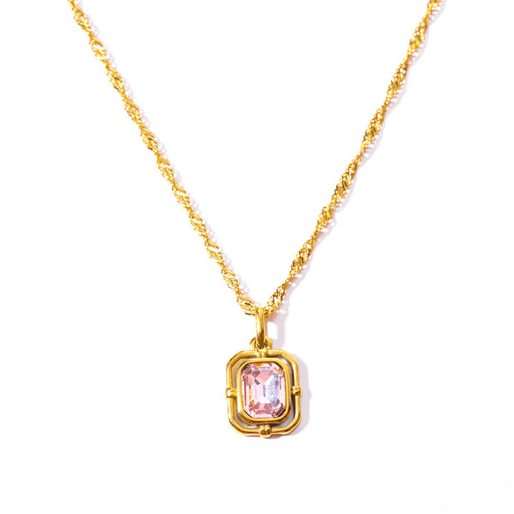 Olivenorma Water Wave Chain Square Zircon Titanium Steel Necklace - Pink - image 7