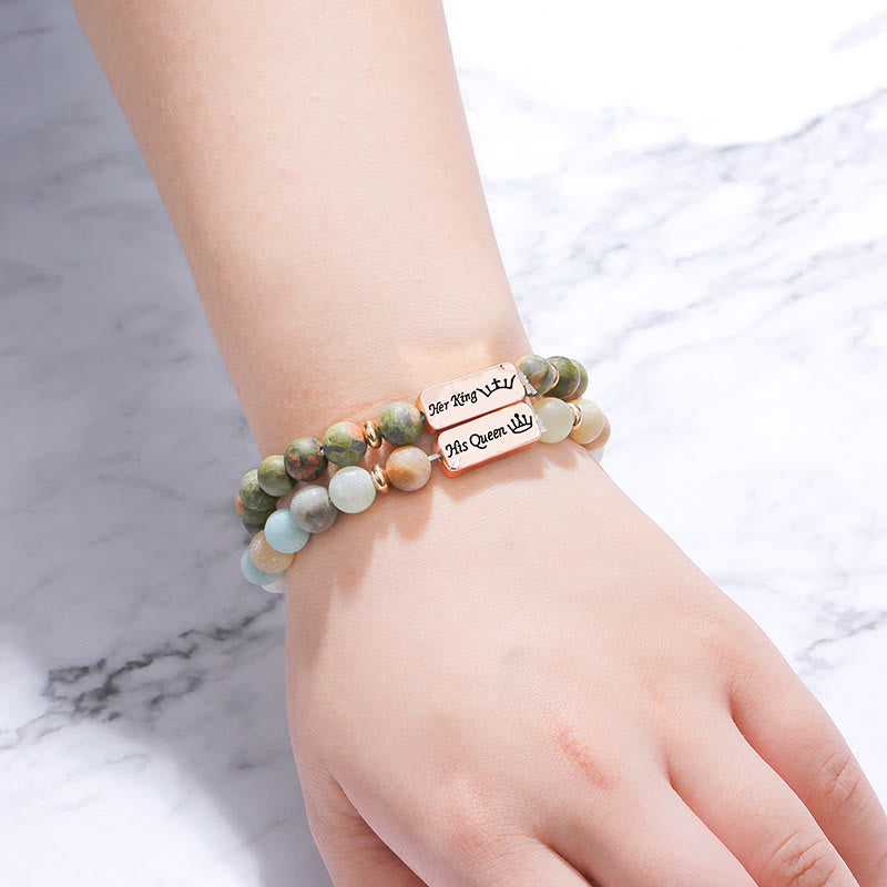 Olivenorma Natural Gemstone Her King /His Queen 2 Piece Engraving Bracelet - image 1