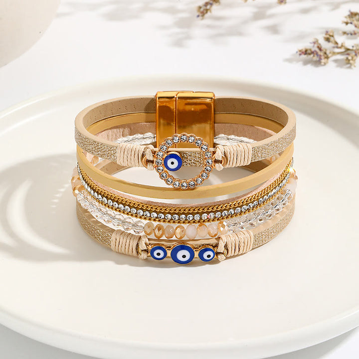Olivenorma White Zircon Boho Evil Eye Metal Wide Leather Bracelet - Khaki&Evil Eye - image 0