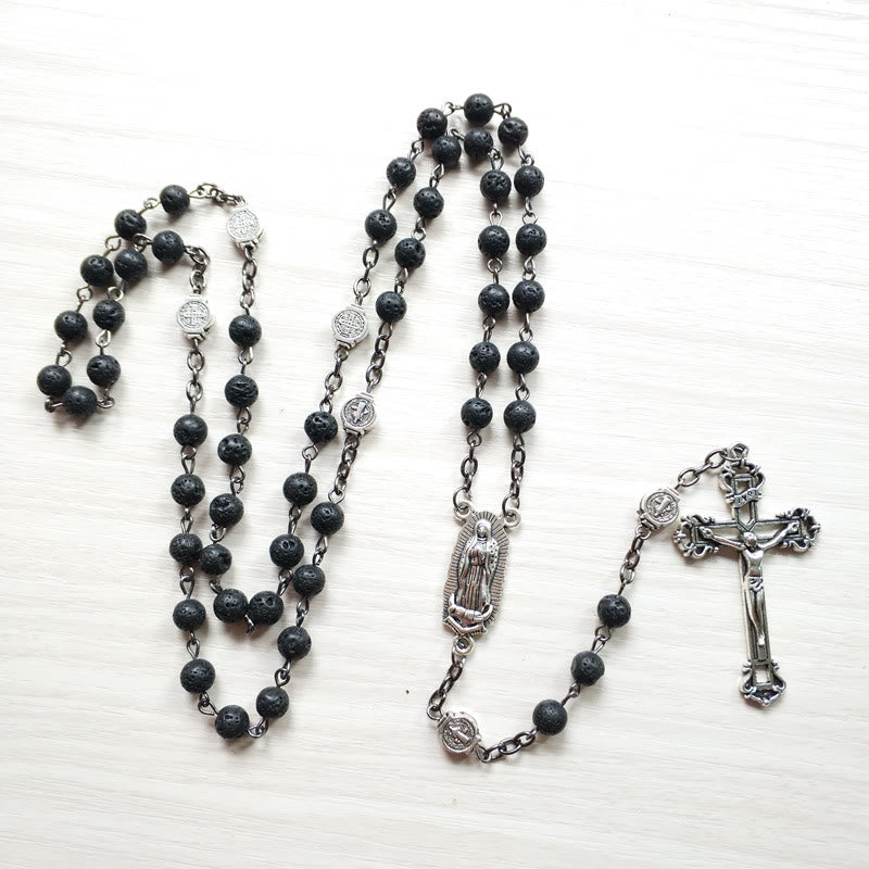 Olivenorma Lava Stone Catholic Cross Pendant Rosary Necklace - image 1