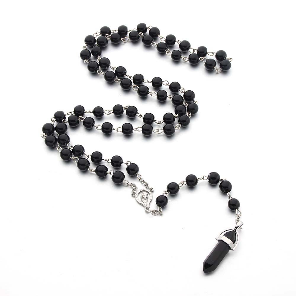 Olivenorma Obsidian Christianity Crystal Hexagon Pendant Rosary Necklace - image 2
