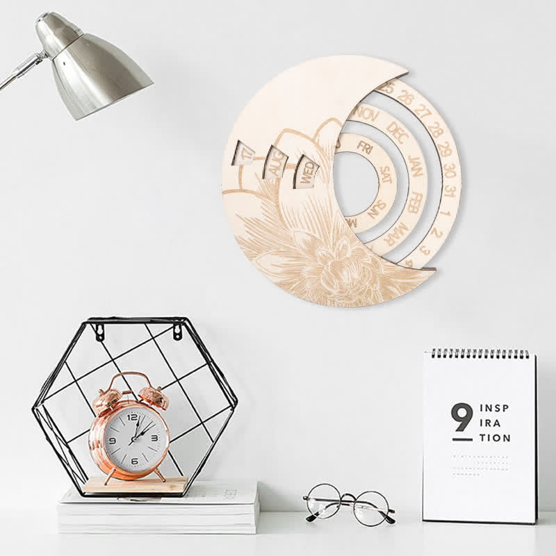 Olivenorma Circle Wooden Crescent Moon Perpetual Calendar Wall Decor - image 1