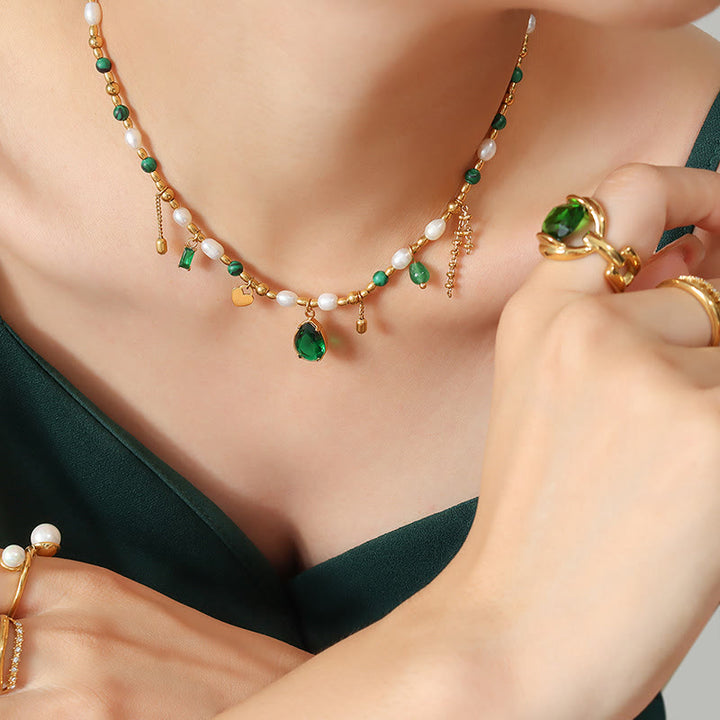 Olivenorma Emerald Pearl Beaded Non Fading Gold Necklace - image 1