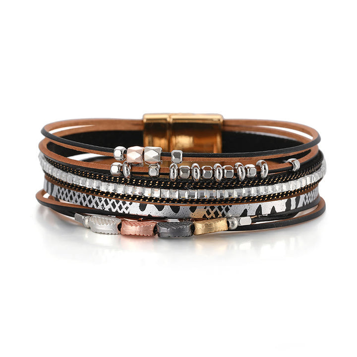 Olivenorma Hematite White Zircon Leaf Tiered Leather Bracelet - Black - image 10