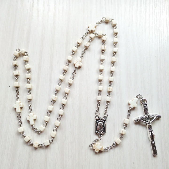 Olivenorma White Turquoise Cube Beaded Cross Rosary Necklace - White Turquoise&Cross - image 0