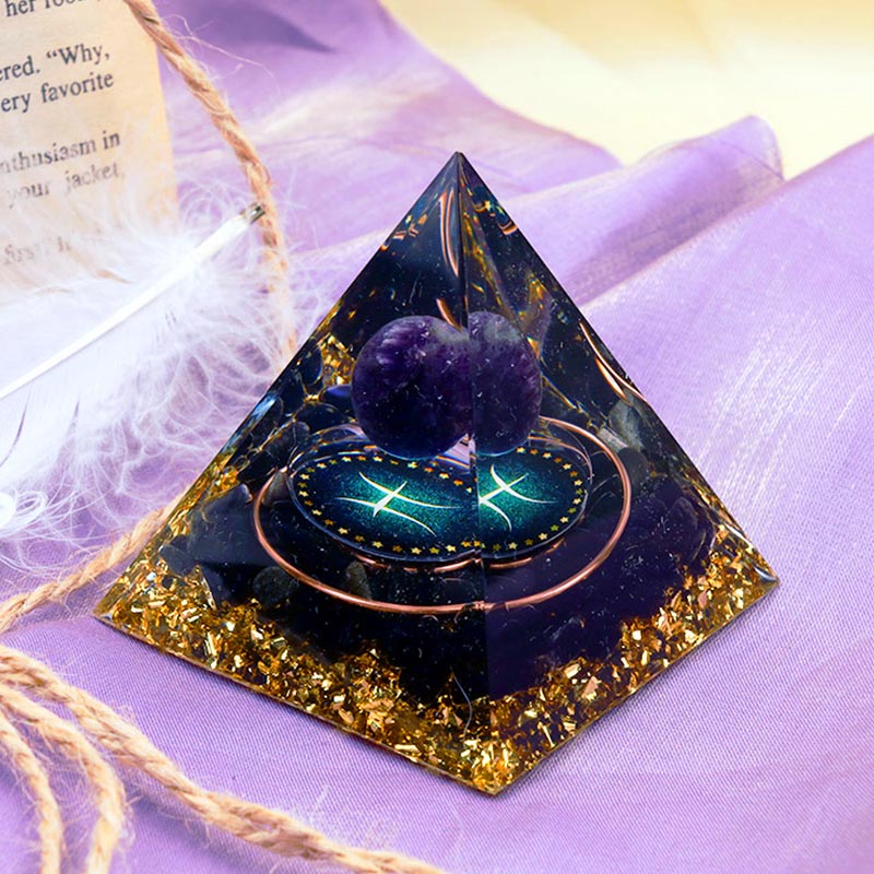 Olivenorma Amethyst Sphere With Obsidian Zodiac Pisces Orgone Pyramid - image 2