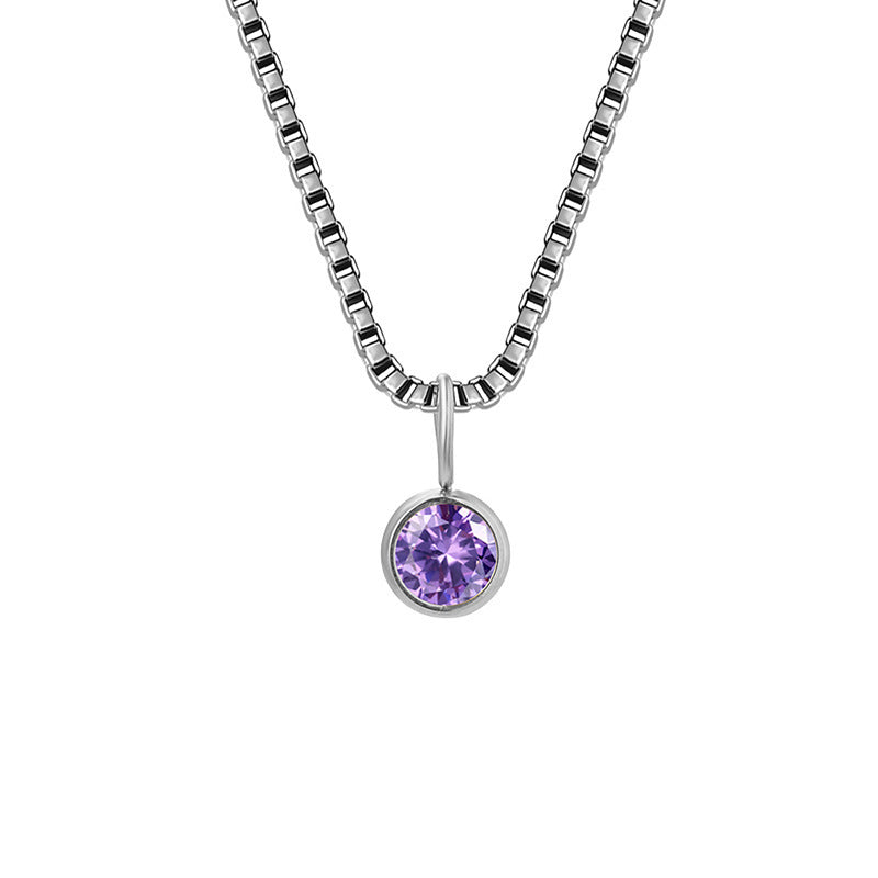 Olivenorma 8mm Birthstone Titanium Steel Zircon Necklace - February-Amethyst - Silver - image 6
