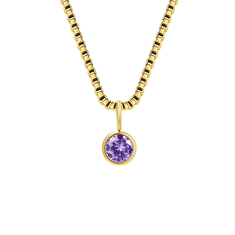 Olivenorma 8mm Birthstone Titanium Steel Zircon Necklace - February-Amethyst - 14K Gold - image 7
