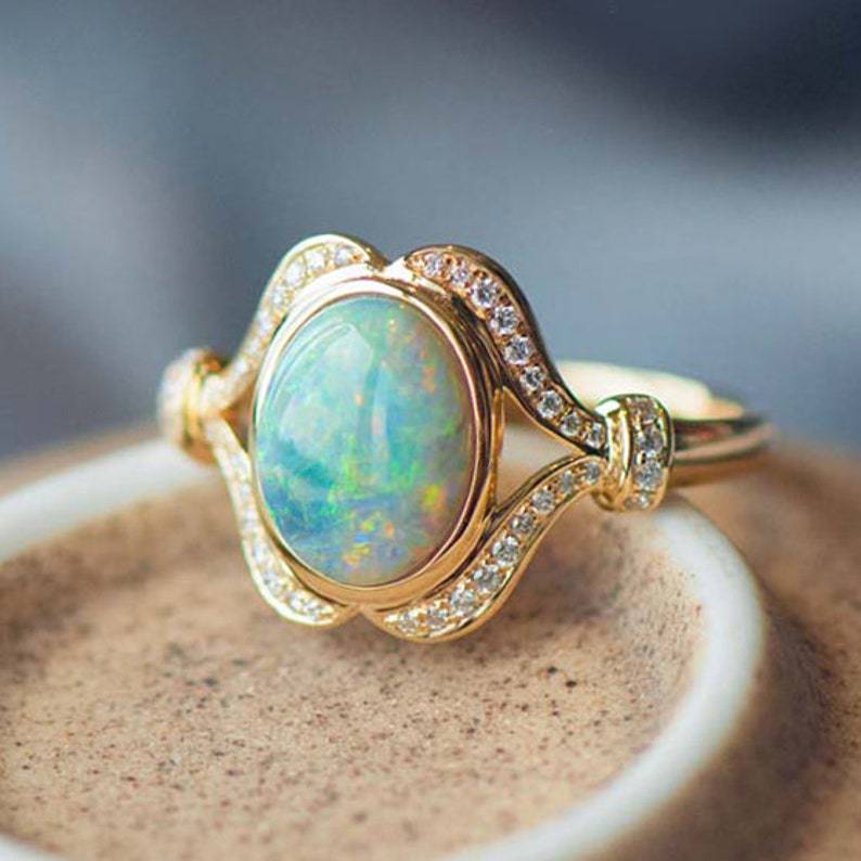 Olivenorma "Light Of Peace" Vintage Gold Plated Opal Mozambique Diamond Engagement Ring  - 11 - image 0