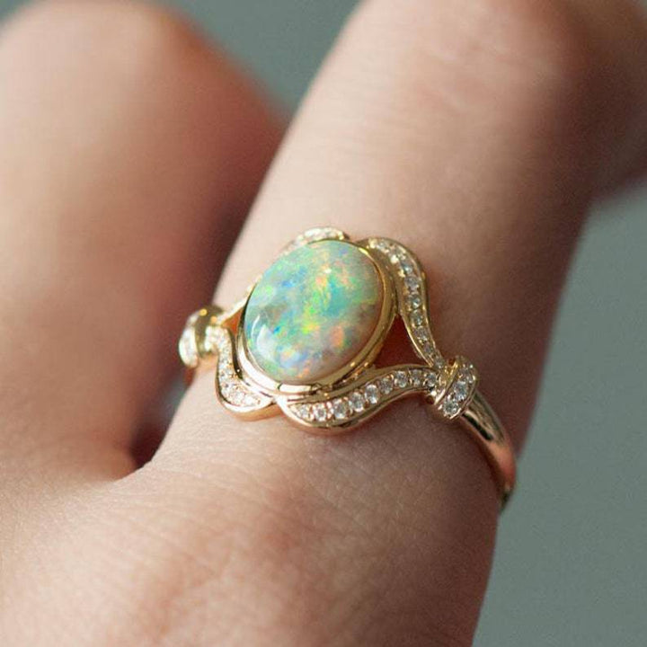 Olivenorma "Light Of Peace" Vintage Gold Plated Opal Mozambique Diamond Engagement Ring  - image 1