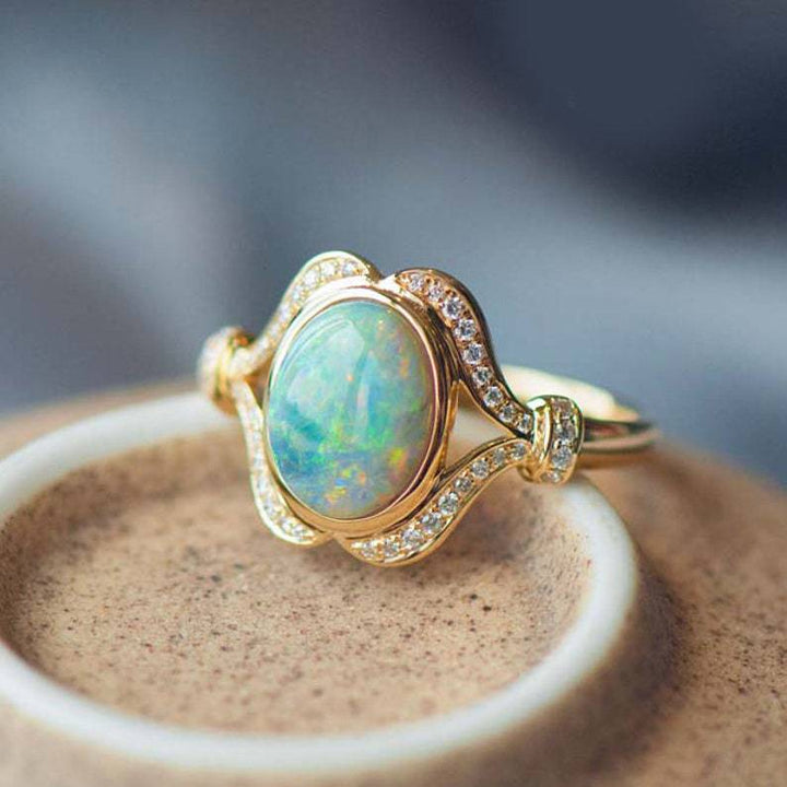 Olivenorma "Light Of Peace" Vintage Gold Plated Opal Mozambique Diamond Engagement Ring  - image 2