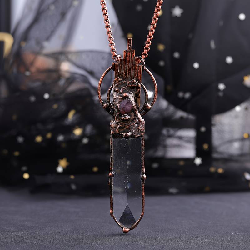 Olivenorma Clear Crystal Copper Vintage Sword Pendant Gemstone Necklace - Clear Crystal&Amethyst - image 0