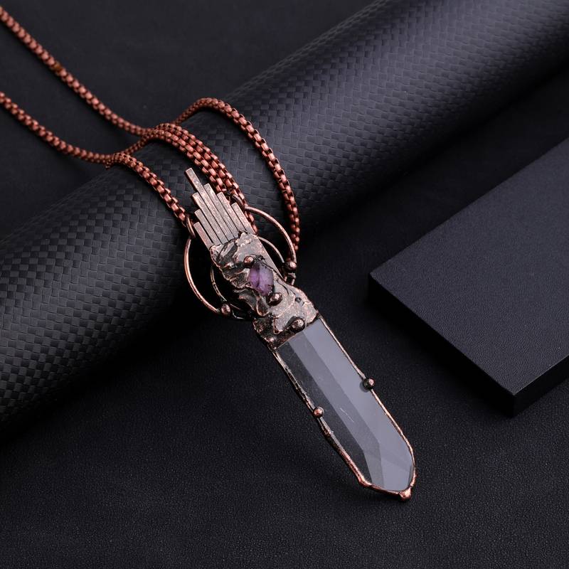 Olivenorma Clear Crystal Copper Vintage Sword Pendant Gemstone Necklace - image 2