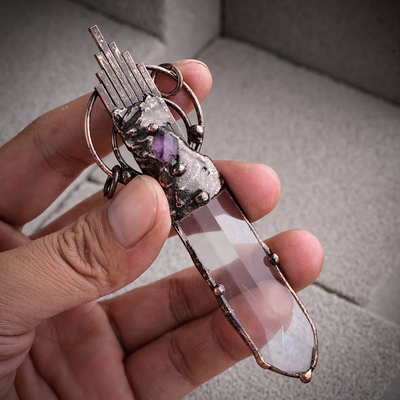 Olivenorma Clear Crystal Copper Vintage Sword Pendant Gemstone Necklace - image 3