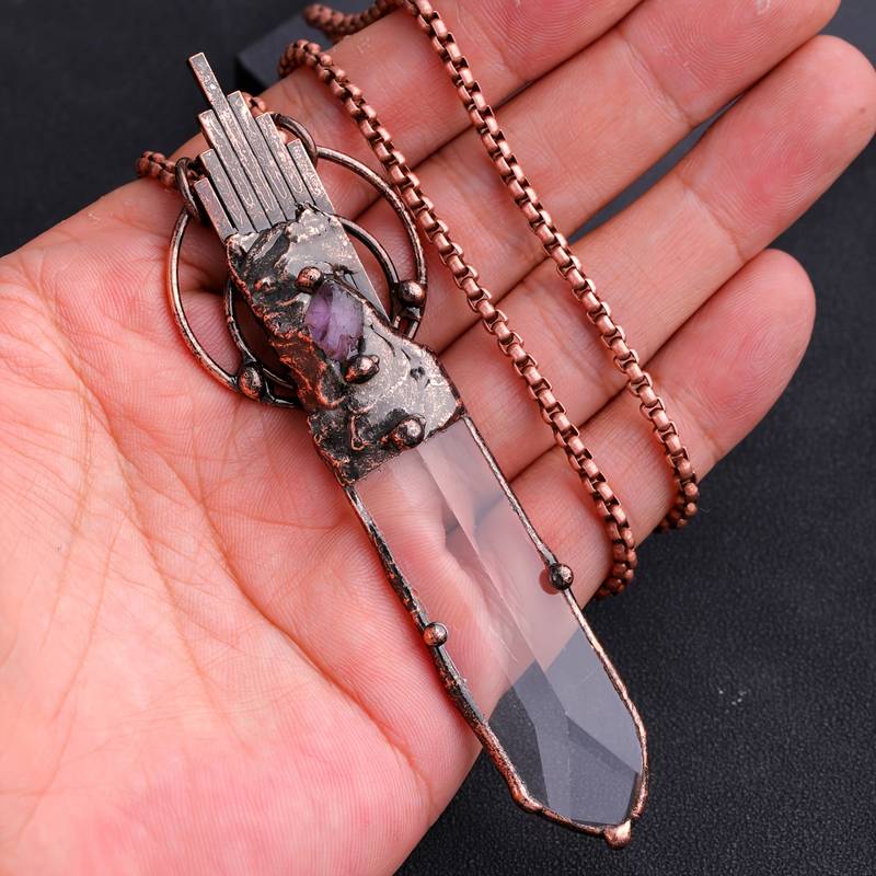 Olivenorma Clear Crystal Copper Vintage Sword Pendant Gemstone Necklace - image 4