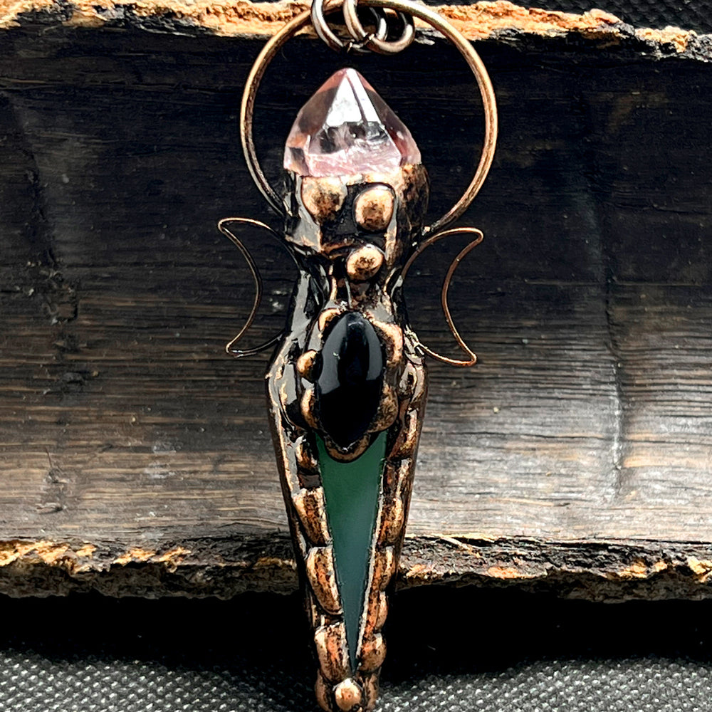 Olivenorma Copper Arrow Double Moon Crystal Pendant Gemstone Necklace - Red Smelting Quart&Black Onyx&Green Fluorite - image 1
