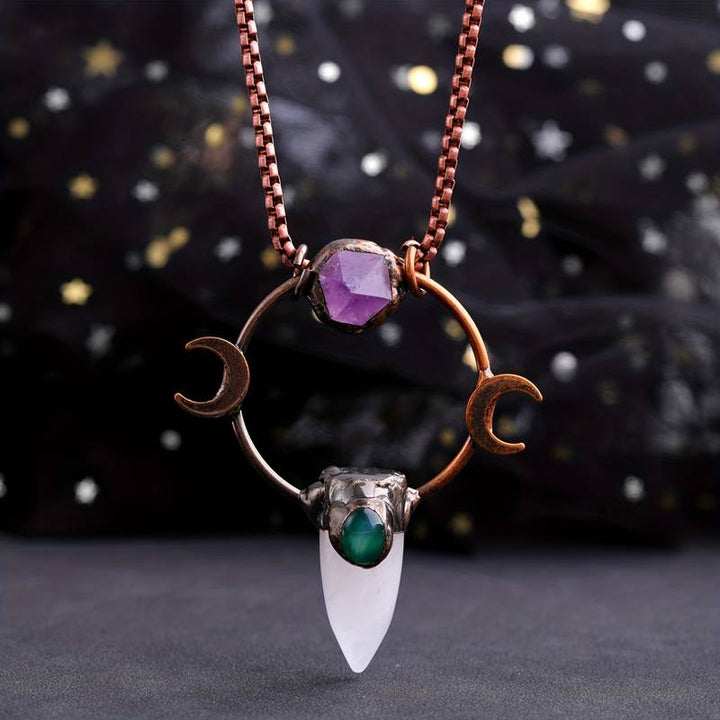 Olivenorma Bullet Clear Crystal Double Moon Gemstone Necklace - Green Aventurine&Amethyst&Clear Crystal - image 0
