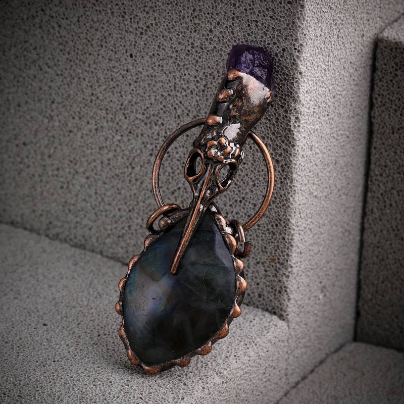 Olivenorma Copper Hummingbird Head Amethyst Labradorite Gemstone Necklace - image 3